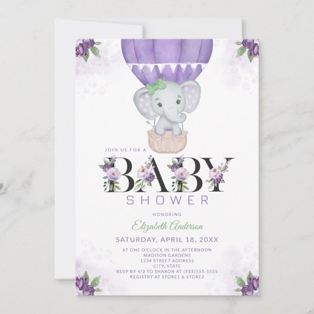 Invitation Baby shower Floral à bulle d'air chaud violet élép (Devant)