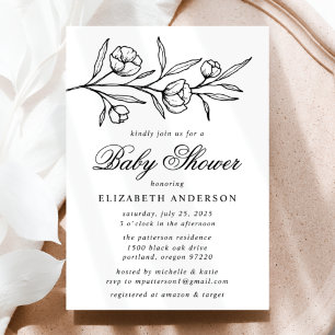 Invitation Baby shower floral à croquis noir