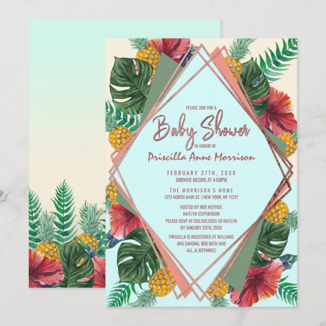 Invitation Baby shower floral à feuilles d'ananas tropicales  (Devant / Derrière)