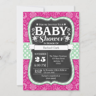 Invitation Baby shower floral à la menthe rose cha