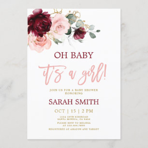 Invitation Baby shower floral à l'aquarelle rose de Bourgogne