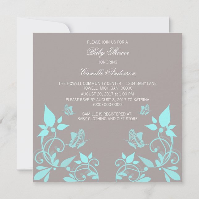 Invitation Baby shower Floral à papillon Aqua (Devant)