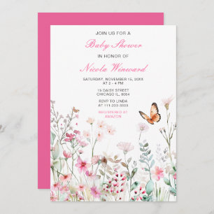 Invitation Baby shower floral à papillon rose profond du prin