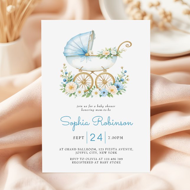 Invitation Baby shower floral à poutre bleu poussiéreux (Créateur téléchargé)
