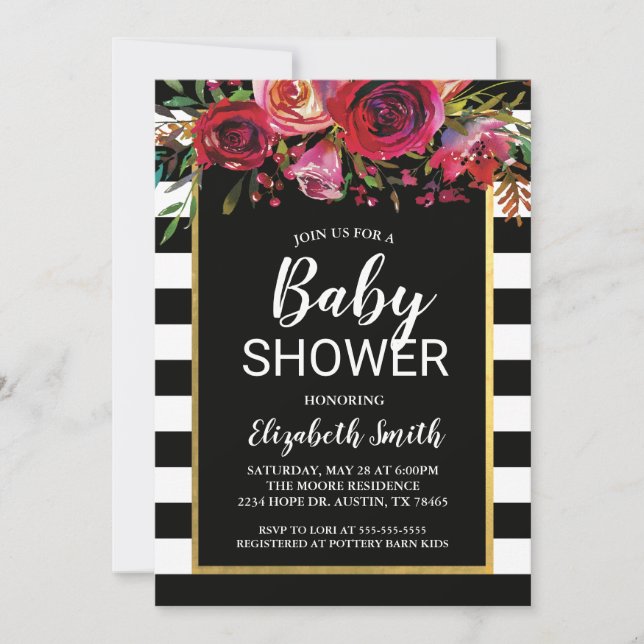 Invitation Baby shower floral à rayures noires (Devant)