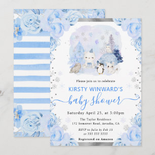 Invitation Baby shower Floral Animaux Arctiques Aquarelle