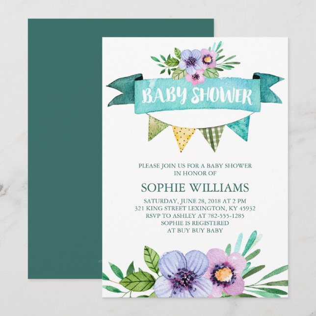 Invitation Baby shower Floral Aqua Watercolor (Devant / Derrière)