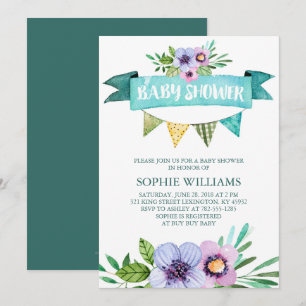 Invitation Baby shower Floral Aqua Watercolor