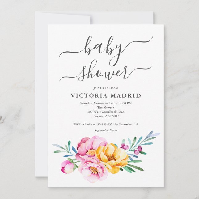 Invitation Baby shower Floral Aquarelle (Devant)