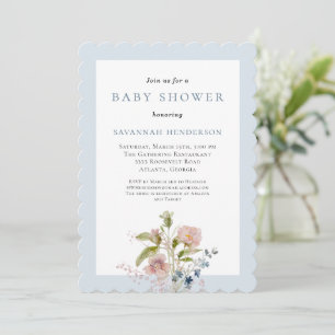 Invitation Baby Shower Floral Aquarelle Bleu Élégant
