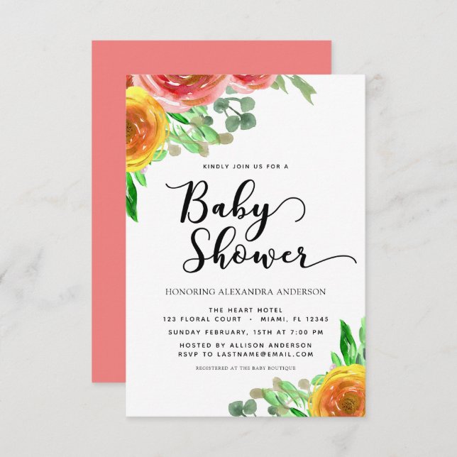 Invitation Baby shower Floral Aquarelle Printemps floral (Devant / Derrière)