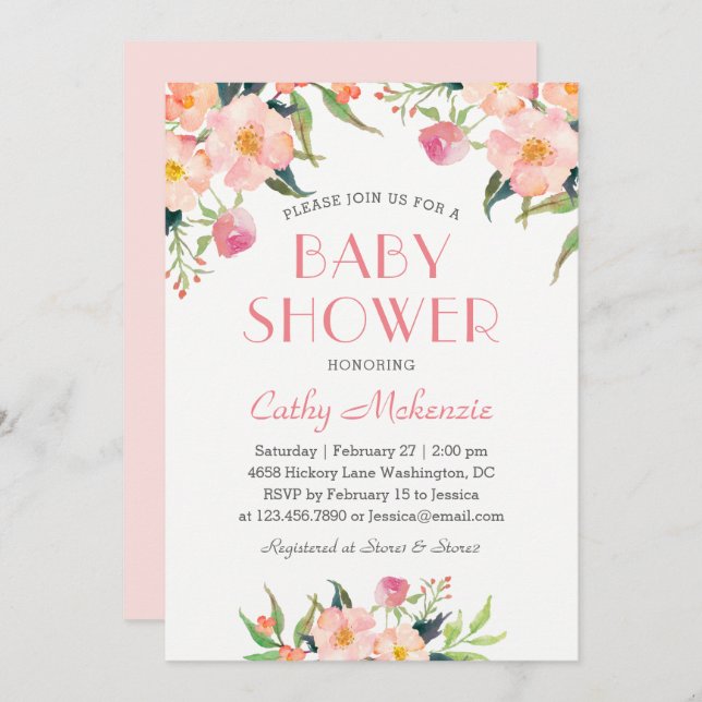 Invitation Baby Shower Floral Aquarelle Rose Élégant (Devant / Derrière)