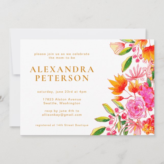 Invitation Baby Shower Floral Aquarelle Rose Et Orange (Devant)