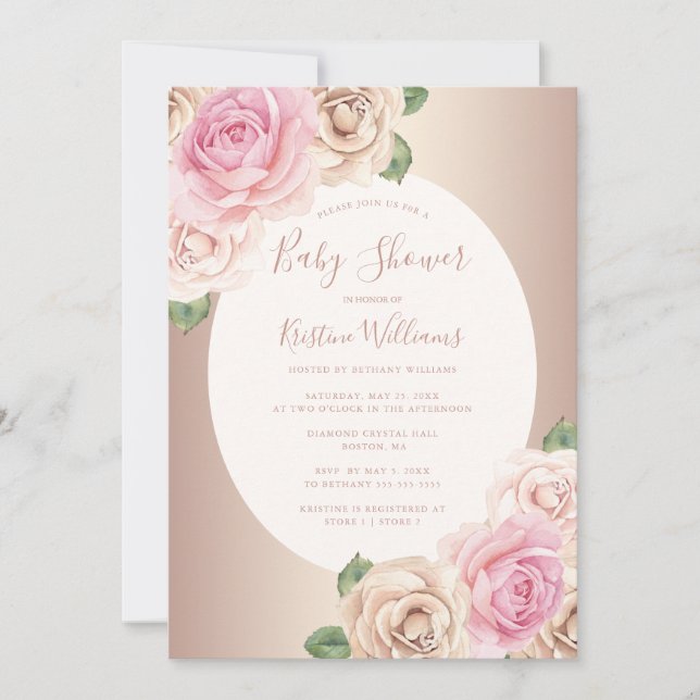 Invitation Baby Shower Floral Aquarelle Rose Gold Élégant (Devant)