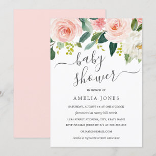 Invitation Baby Shower Floral Aquarelle Rose Pâle