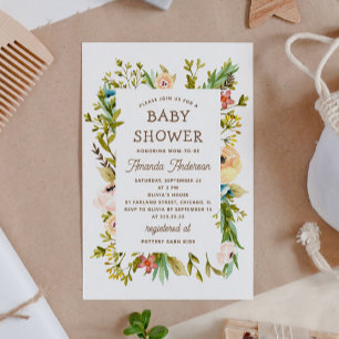 Invitation Baby shower floral aquarelle. Verdure rustique