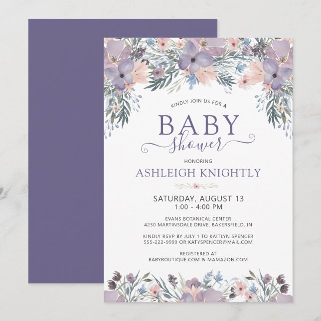 Invitation Baby shower floral aquarelle violet (Devant / Derrière)