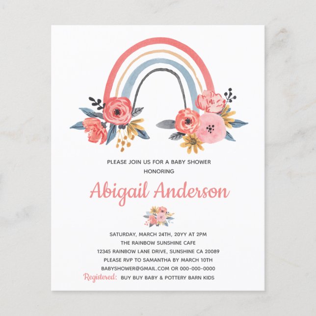 Invitation Baby shower Floral Arc-en-ciel Budget (Devant)