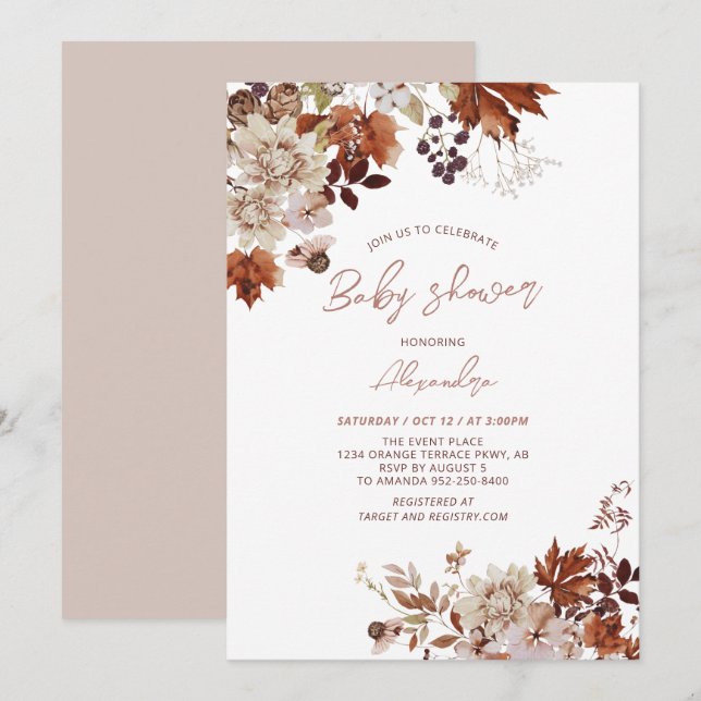 Invitation Baby Shower Floral Automnal Rustique (Devant / Derrière)