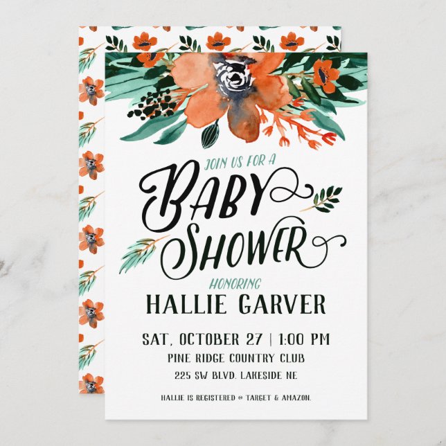 Invitation Baby shower floral automne (Devant / Derrière)