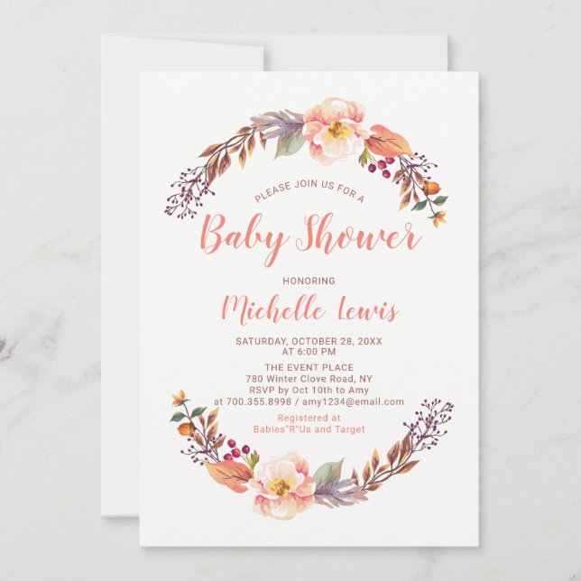 Invitation Baby shower Floral Automne Fille (Devant)