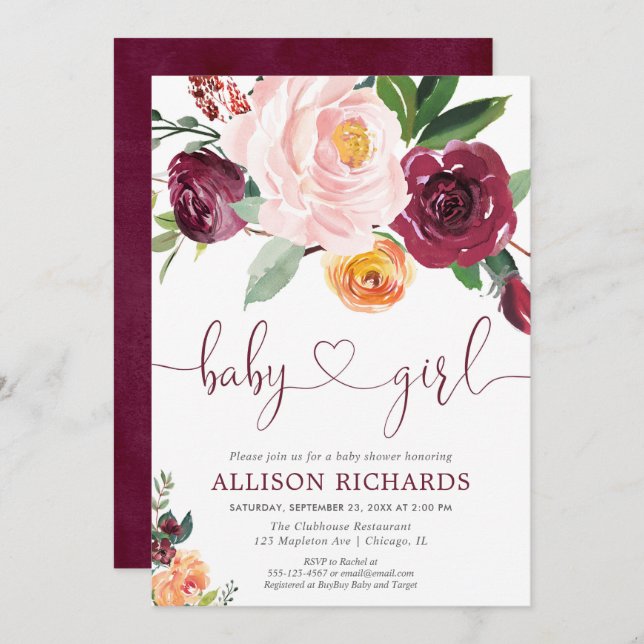 Invitation Baby shower floral automne fille, rose rousse bord (Devant / Derrière)