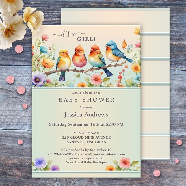 Invitation Baby shower Floral aux oiseaux de Cute Pastel (Cute baby shower invite featuring a watercolor illustration of flowers and birds in pastel colors)