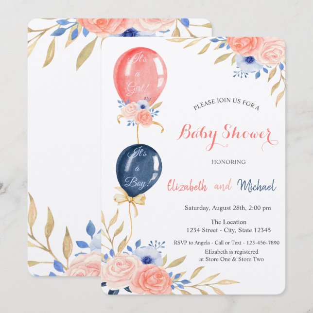 Invitation Baby-Shower Floral avec Ballons (Devant / Derrière)