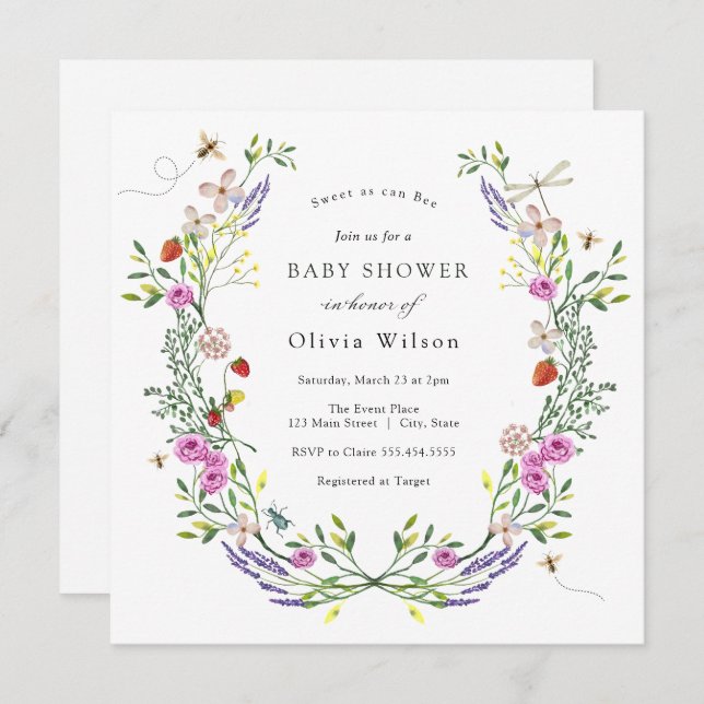 Invitation Baby shower floral Baby to Bee Boho (Devant / Derrière)