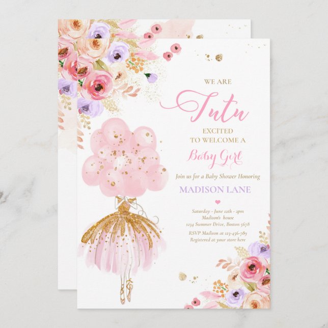 Invitation Baby shower Floral Ballerina Rose Et Lilac (Devant / Derrière)