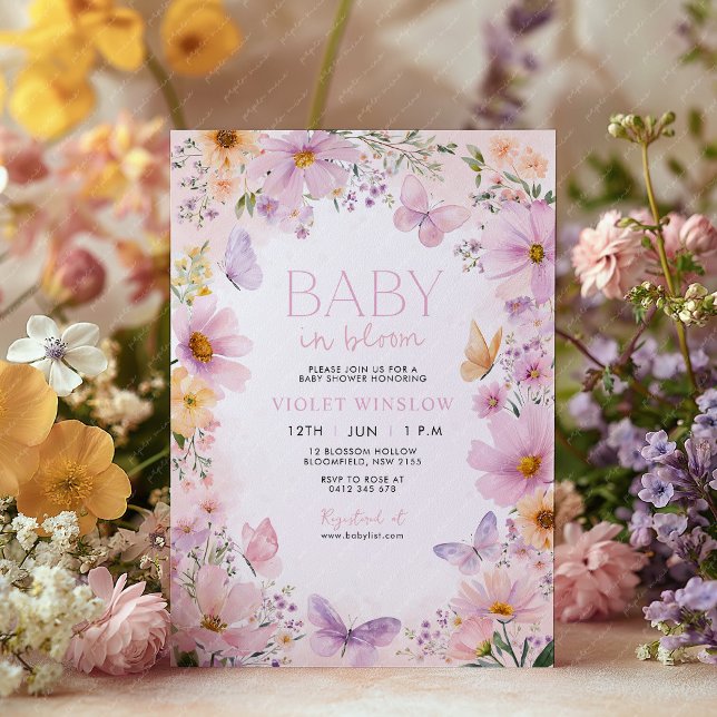 Invitation Baby shower floral bébé en fleur rose fleurie (Baby In Bloom Purple Invitation Baby Shower. )