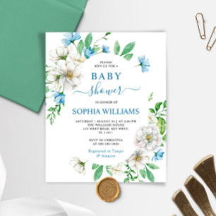 Invitation Baby shower Floral Blanc & Bleu Budget