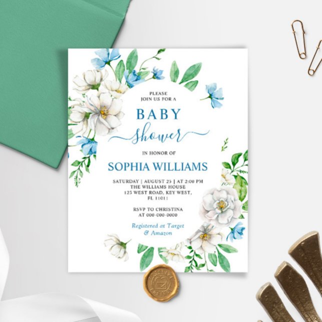 Invitation Baby shower Floral Blanc & Bleu Budget (Créateur téléchargé)