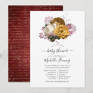 Invitation Baby shower floral blanc de Bourgogne et or