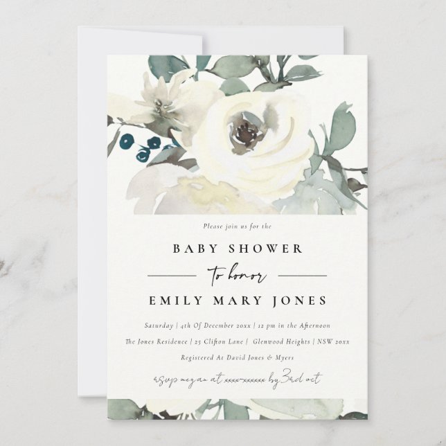 INVITATION BABY SHOWER FLORAL BLANC EN IVOIRE NEUTRE DOUX (Devant)