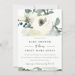 INVITATION BABY SHOWER FLORAL BLANC EN IVOIRE NEUTRE DOUX