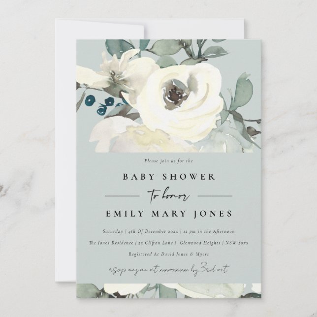 INVITATION BABY SHOWER FLORAL BLANC EN IVOIRE NEUTRE GRISE (Devant)