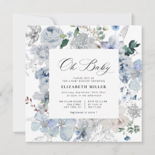 Invitation baby shower floral blanc et bleu