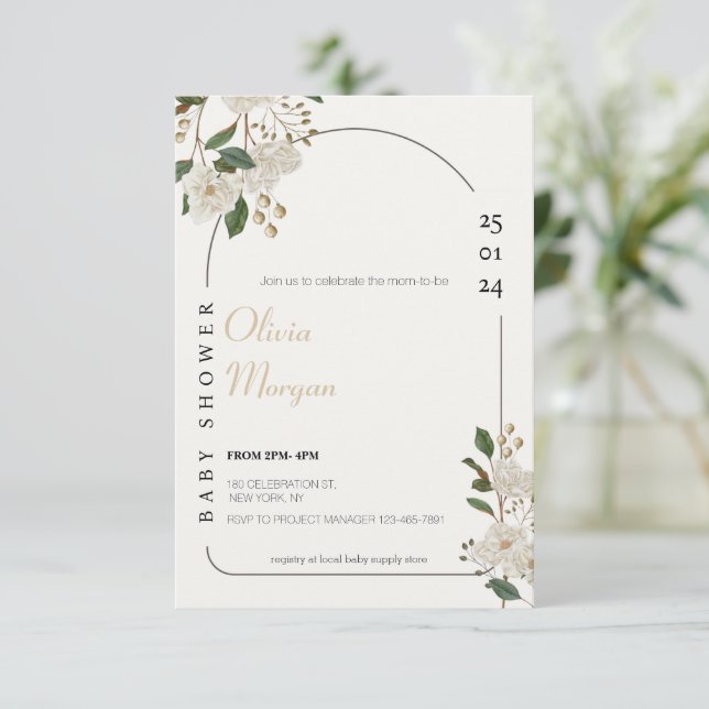 Invitation Baby shower floral blanc et Brown simple mignon (Debout devant)