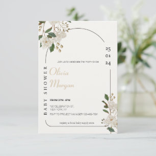 Invitation Baby shower floral blanc et Brown simple mignon