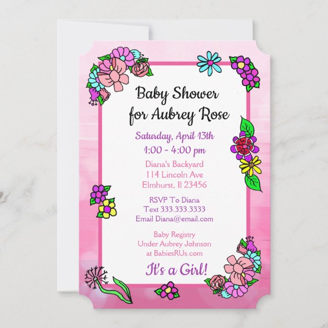 Invitation Baby shower floral blanc rose et violet (Devant)