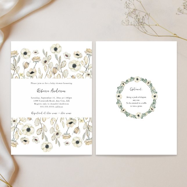 Invitation Baby shower Floral blanc + tombole de couche (Créateur téléchargé)