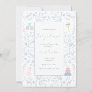 Invitation Baby shower Floral Bleu