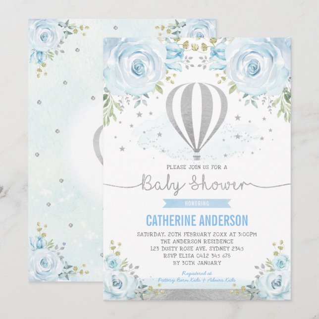 Invitation Baby shower floral bleu argenté à air chaud  (Devant / Derrière)