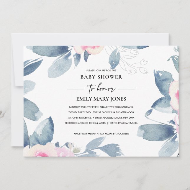 INVITATION BABY SHOWER FLORAL BLEU BLEU DOUX (Devant)