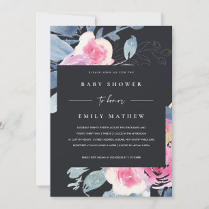 INVITATION BABY SHOWER FLORAL BLEU BLEU NOIR