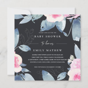 INVITATION BABY SHOWER FLORAL BLEU BLEU NOIR