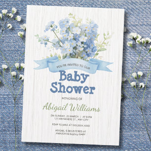 Invitation Baby shower Floral bleu bois rustique