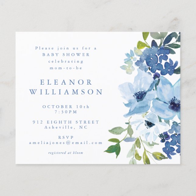 Invitation Baby shower floral bleu budget (Devant)