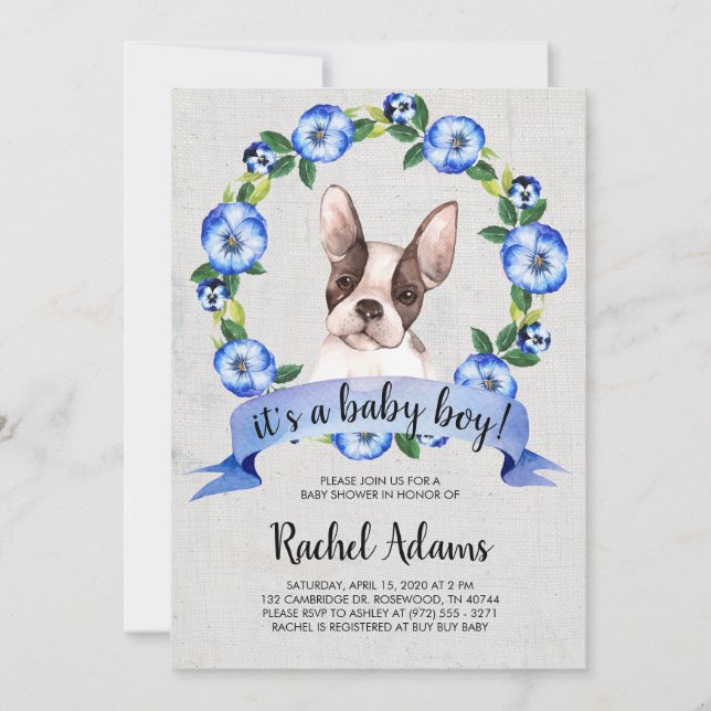 Invitation Baby shower floral bleu de chien de Taureau de (Devant)